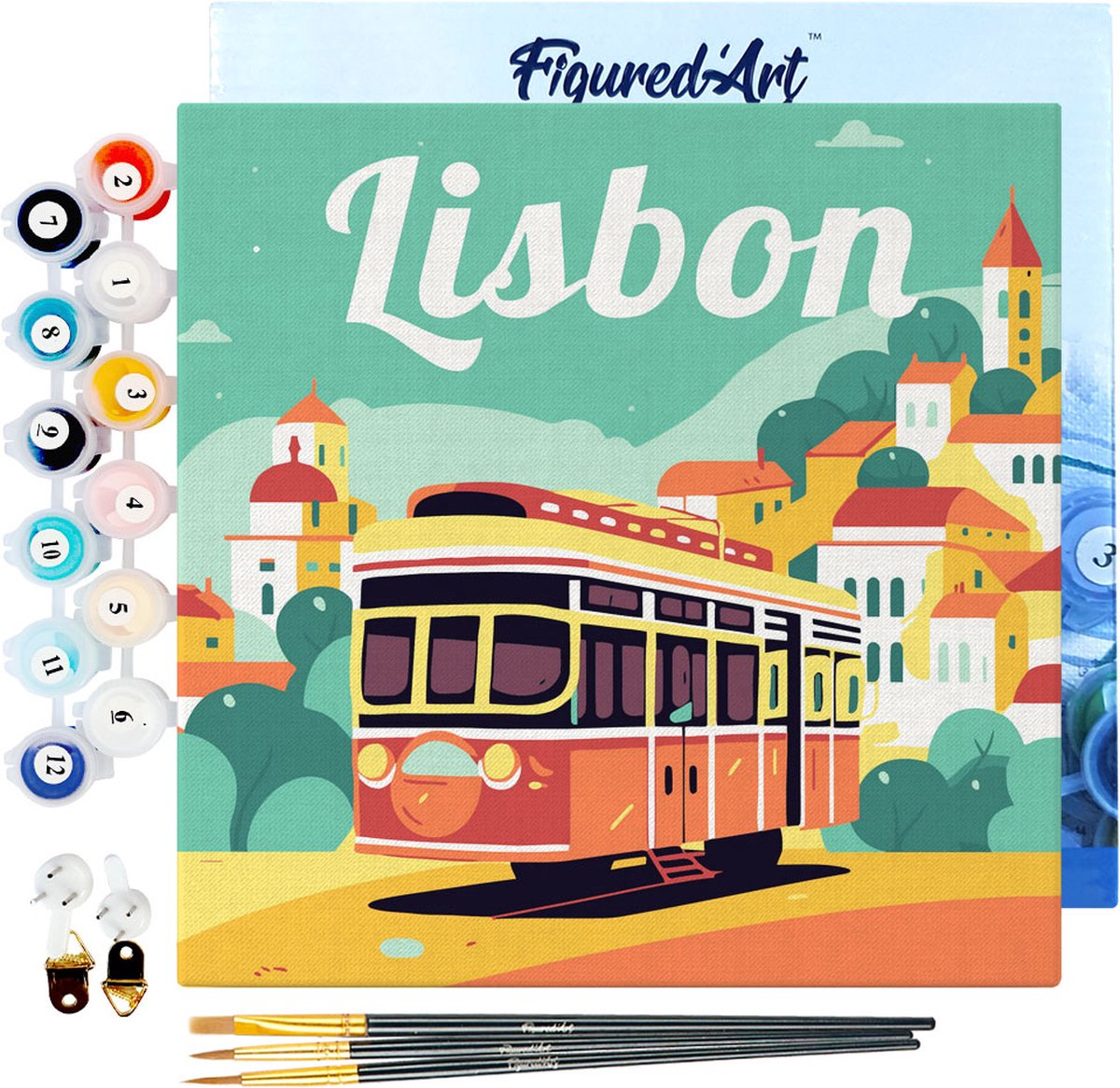 FiguredArt Mini Schilderen op Nummer Volwassenen 20x20cm met lijst Reisposter Lissabon - Klein Formaat Creatieve Hobby Kit DIY Art Nummer Compleet